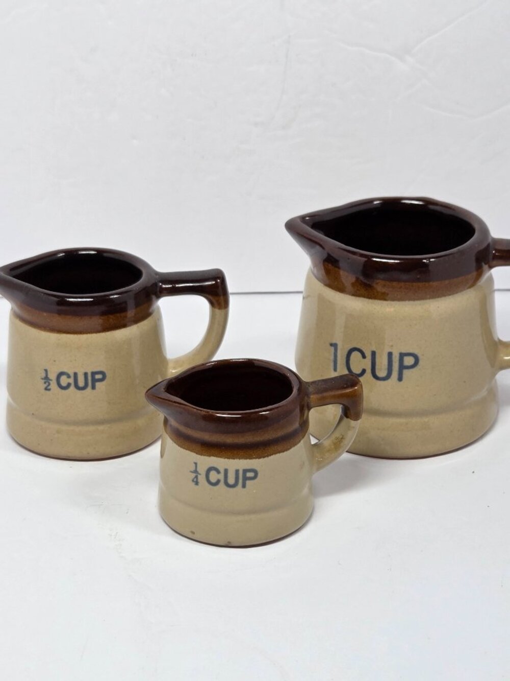 Vintage Stoneware Crock Pottery Handled Pitcher Measuring Cups Brown Glaze Set 3